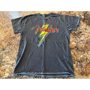 Fender Lightning Bolt Graphic Tee Size Medium Faded Black Vintage Style Shirt